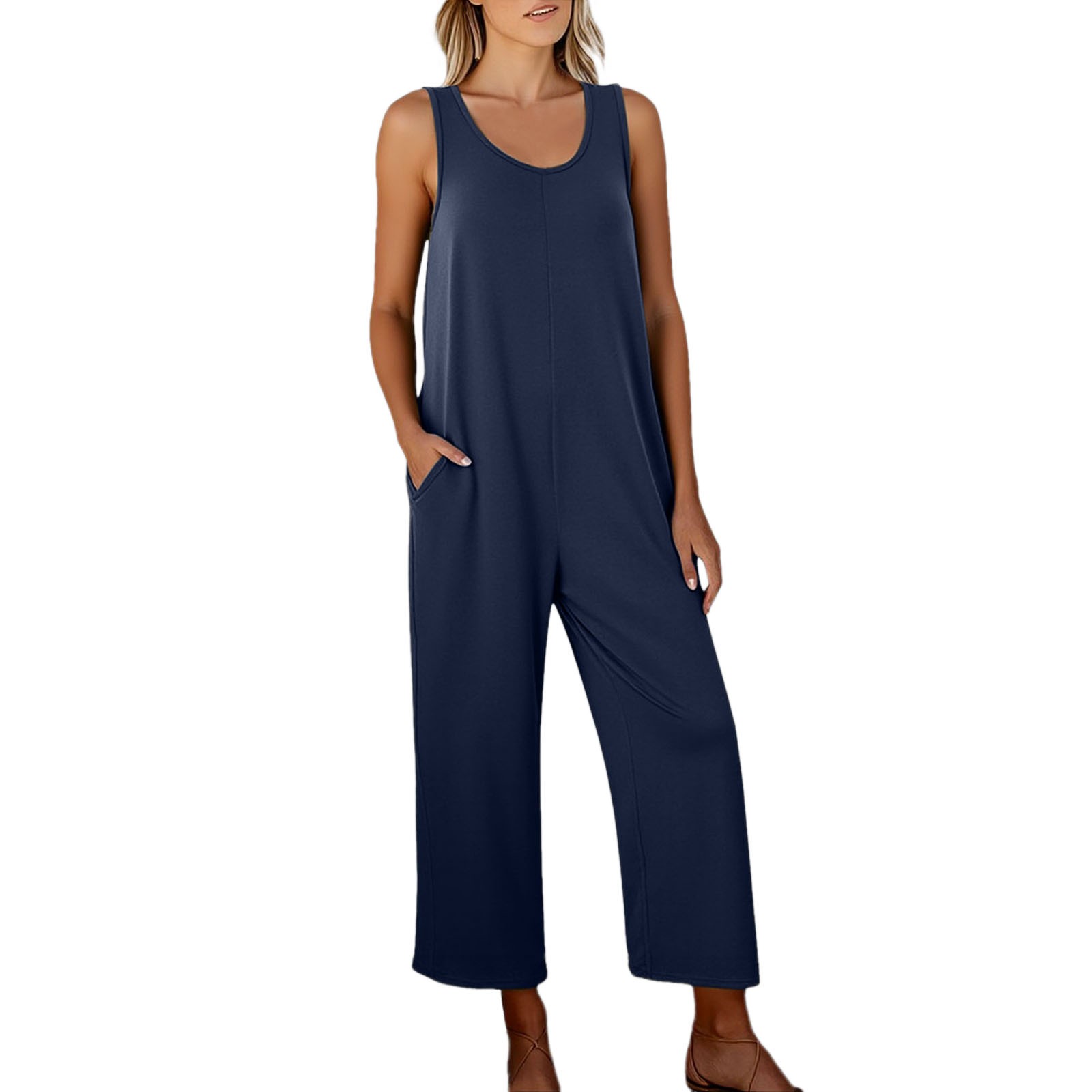 Mono sin mangas para mujer: cuello sin mangas, pantalón ancho informal, corte holgado, con bolsillos